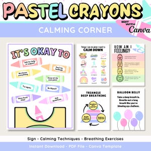 Pastellkritor Calming Corner-posters: Andningsövningar för barn (utskrivbar och redigerbar Canva-mall)