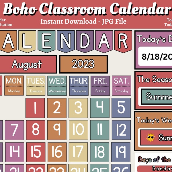 Boho Classroom Calendar, Neutral Kindergarten Calendar Station, Weather Station, Pre-K Calendar Printable, Boho Teacher Resource