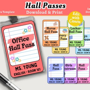 Druckbarer Regenbogen-Lehrer-Hall-Pass, benutzerdefinierte bearbeitbare Hall-Pässe für Lanyard, Regenbogen-Mittelschul-Personal-Hall-Pass, High-School-Hall-Pass