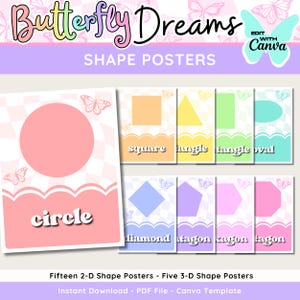 Pode incluir: Uma coleção de cartazes de formas coloridas com um tema de borboletas. Cada cartaz apresenta uma forma diferente, como um círculo, um quadrado e um losango, em cores pastel. Os cartazes são projetados para fins educacionais e estão disponíveis para download instantâneo.