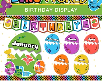 Dinosaur Birthday Bulletin Board Kit: Dino Egg Classroom Decor (Canva Template)