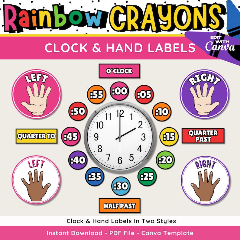 Rainbow Classroom Clock Labels, Printable & Editable Left Right Hand ...