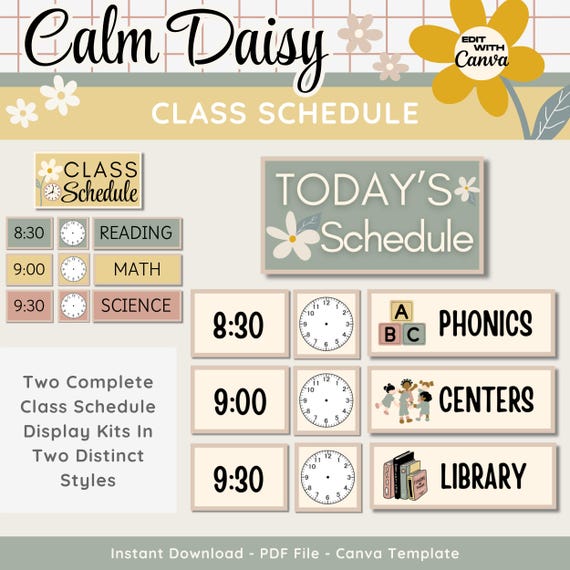 Calm Daisy Class Schedule Kit: Printable Classroom Decor (Canva Template)