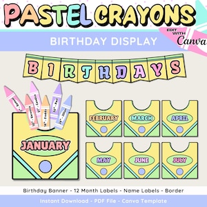 Pastel Crayon Birthday Bulletin Board Kit: Editable Classroom Decor (Instant Download)