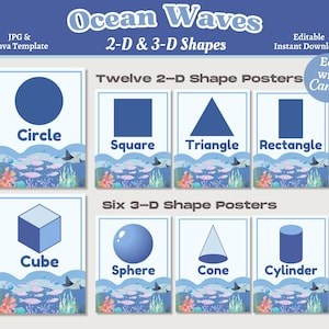 Ozean-Thema 2-D- und 3-D-Formposter, druckbare und bearbeitbare Formposter, Grundbildungsformdrucke, Canva-Vorlage