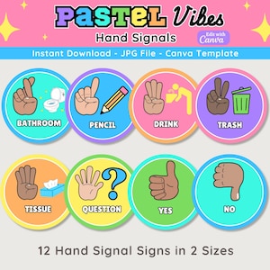 Pastel Hand Signal Signs: Classroom Decor, Editable Canva Template (Digital Download)