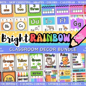 Bright Rainbow Editable Classroom Decor Bundle, Canva Template, Teacher Printable, Classroom Management & Organization, Educational Posters