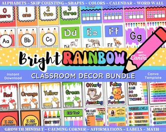 Paquete de decoración para el aula con arcoíris brillante: imprimibles editables para profesores (plantilla de Canva)