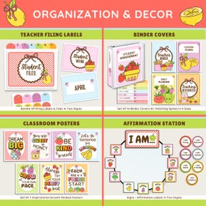 K&ouml;nnte beinhalten: Ein Klassenzimmer-Dekor-Set mit Ablageetiketten, Ordnerdeckeln, Postern und Affirmationsschildern. Die Designs umfassen Obst- und Gem&uuml;seillustrationen mit Texten wie "Student Files", "Dream Big" und "I Am..." f&uuml;r Bildungszwecke.