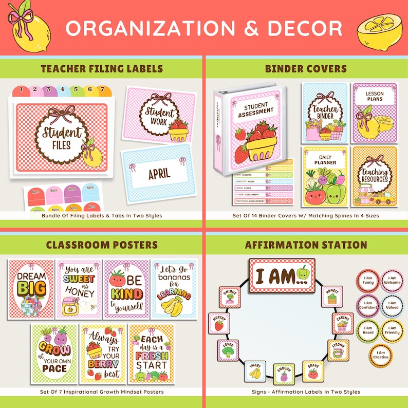 K&ouml;nnte beinhalten: Ein Klassenzimmer-Dekor-Set mit Ablageetiketten, Ordnerdeckeln, Postern und Affirmationsschildern. Die Designs umfassen Obst- und Gem&uuml;seillustrationen mit Texten wie "Student Files", "Dream Big" und "I Am..." f&uuml;r Bildungszwecke.