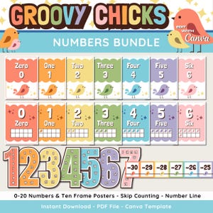 Puede incluir: Un colorido paquete educativo con el texto "GROOVY CHICKS NUMBERS BUNDLE". La imagen presenta tarjetas de números con pájaros, los números 0-6 y una recta numérica. Incluye "0-20 Números y carteles de diez marcos - Contar saltos - Recta numérica."