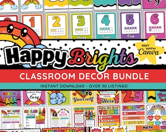 May include: A colorful classroom decor bundle with a rainbow theme. The bundle includes posters, signs, and other classroom decorations. The text "Happy Brights Classroom Decor Bundle" is featured on the image. The text "Instant Download - Over 30 Listings!" is also featured on the image.
