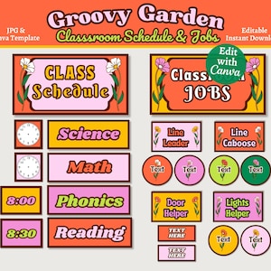 Groovy Class Schedule and Classroom Jobs Display, Printable & Editable Classroom Display, Retro Floral Classroom Decor, Canva Template