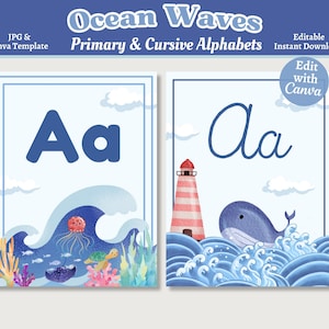 Ozean-Thema Alphabete, druckbare und bearbeitbare Alphabet-Poster, Primär- und Schreibschrift-Alphabet-Drucke, Canva-Vorlage