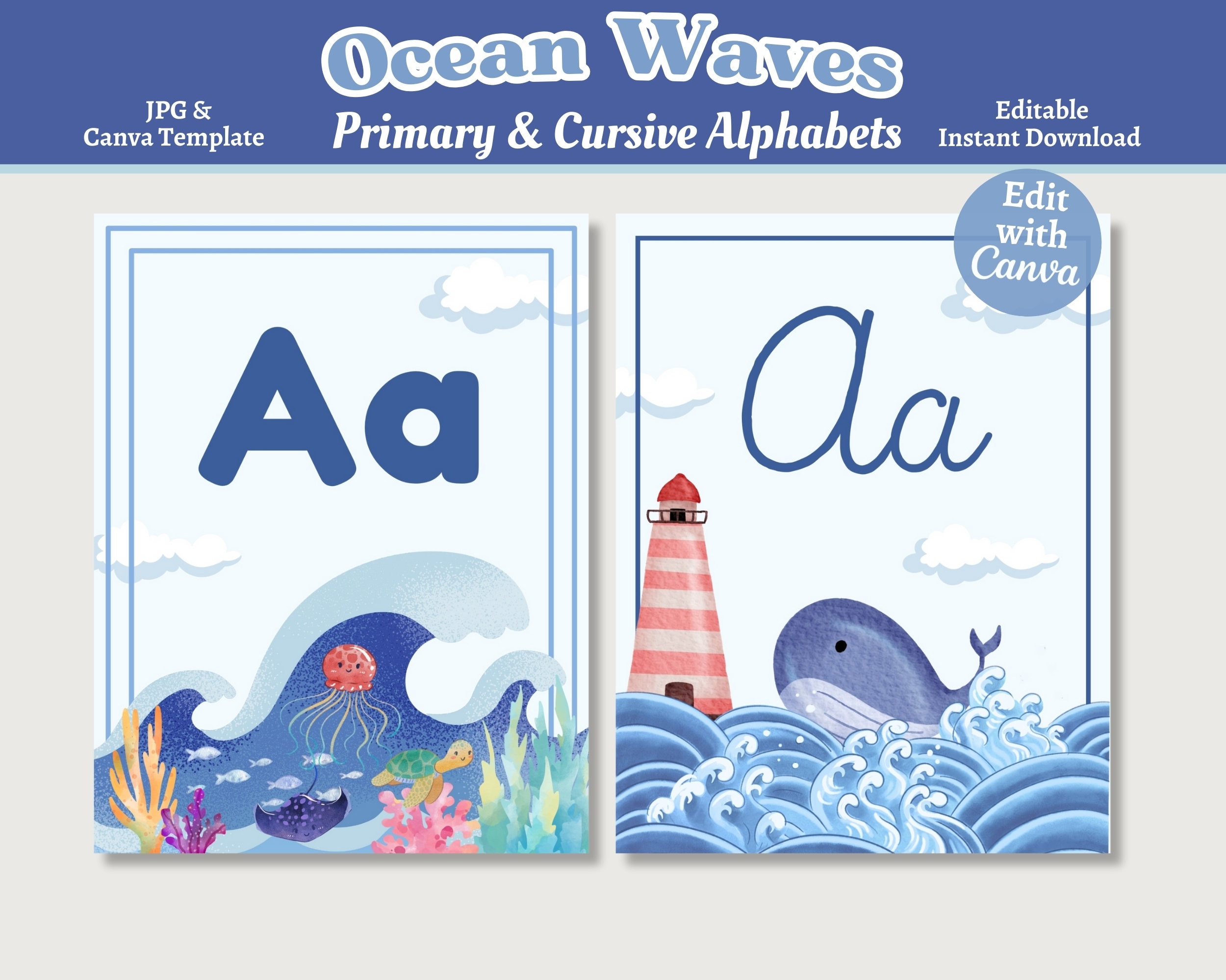 Ocean Theme Alphabets, Printable & Editable Alphabet Posters, Primary and Cursive Alphabet Prints,  Canva Template