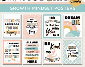 May include: Set of 10 colorful posters with positive messages for a classroom or home. The posters feature phrases like "Mistakes are proof you are trying", "All are welcome here", "This classroom is better with you in it", and "Dream big".