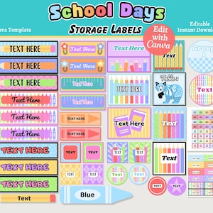 Modelo de etiquetas de armazenamento arco-íris, etiquetas de sala de aula editáveis para impressão, tema de material escolar, modelo de canva para professores