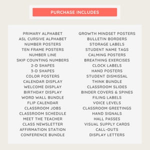 K&ouml;nnte beinhalten: Eine Liste von Bildungsressourcen, darunter Alphabet-Poster, Zahlen-Poster und Werkzeuge f&uuml;r das Klassenmanagement. Der Text "PURCHASE INCLUDES" befindet sich oben in einem roten Rechteck. Die Liste enth&auml;lt Elemente wie "CALENDAR DISPLAY" und "CLASSROOM JOBS".