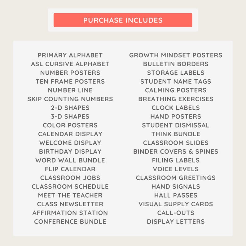 K&ouml;nnte beinhalten: Eine Liste von Bildungsressourcen, darunter Alphabet-Poster, Zahlen-Poster und Werkzeuge f&uuml;r das Klassenmanagement. Der Text "PURCHASE INCLUDES" befindet sich oben in einem roten Rechteck. Die Liste enth&auml;lt Elemente wie "CALENDAR DISPLAY" und "CLASSROOM JOBS".