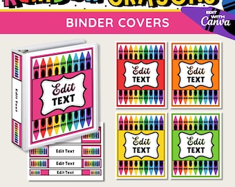 Cubiertas y lomos para carpetas de crayones arcoíris: Organización docente editable (plantilla de Canva, descarga digital)