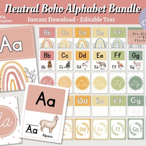 Neutral Boho Alphabet Bundle, Editable Boho Classroom Decor, Canva Templates Teacher Resources, Primary & Cursive Alphabets, A-Z Flash Cards
