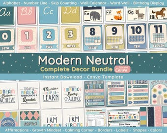 Neutral Classroom Decor Bundle: Modern Printable Collection (Canva Template)