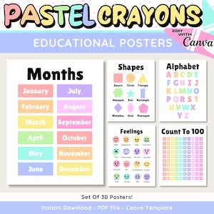 May include: A set of pastel-colored educational posters. The posters include the months of the year, shapes, the alphabet, feelings, and counting to 100. The text "PASTEL CRAYONS" and "EDUCATIONAL POSTERS" are at the top.