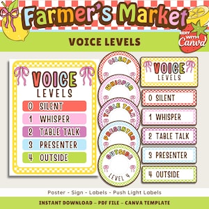May include: Colorful "Voice Levels" educational chart with text labels for silent, whisper, table talk, presenter, and outside. Includes circular and rectangular designs with decorative bows and a farmer's market theme.