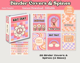 Retro Binder Covers & Spines, Printable Editable Binder Covers, Teacher Binder, Classroom Organization, Instant Download, Canva Template