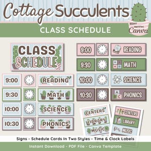 May include: A digital class schedule template with a cottage succulent theme. The design includes time slots, subject labels, and decorative elements like cacti and clocks. The text includes "Class Schedule", "Reading", "Math", "Science", and "Phonics".