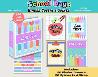 May include: A set of 20 printable binder covers and 20 spines in 4 sizes for school. The covers feature colorful pencils, hearts, and the text "Edit Text". The spines feature a variety of patterns and the text "Edit Text".
