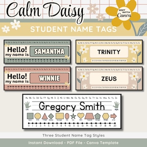 Boho Student Name Desk Tags, Printable Student Name Plates, Editable Neutral Calm Daisy Classroom Decor, Teacher Canva Template