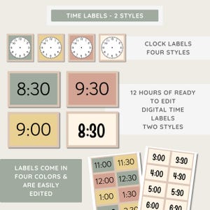 May include: Printable digital time labels in four colors, with 12 hours of ready-to-edit labels in two styles. The labels feature clock faces and digital time displays.