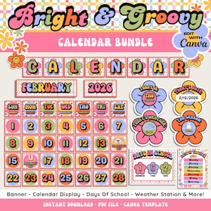 Puede incluir: Un colorido paquete de calendarios con un tema retro. El diseño incluye una visualización del calendario, los días de la semana, una estación meteorológica y más. El calendario muestra febrero de 2026, con fechas del 1 al 28. El texto "Bright & Groovy" está en la parte superior.