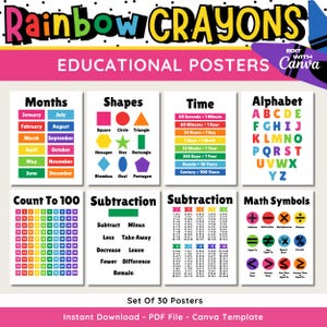 May include: Set of 30 colorful educational posters for kids. The posters feature various topics, including months of the year, shapes, time, alphabet, counting to 100, subtraction, and math symbols. Each poster has a rainbow color scheme.