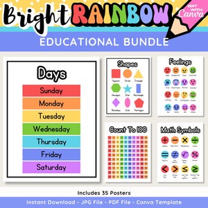 Helles Regenbogen-Bildungspaket, bearbeitbare Klassenzimmer-Bildungsposter, Mathe-Poster, Grundschulklassenzimmer-Drucke, Lehrerressourcen