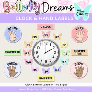 Etiquetas para reloj con diseño de mariposas pastel, pósteres imprimibles para mano izquierda y derecha, etiquetas para reloj de aula, decoración con mariposas pastel, descarga instantánea