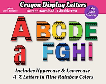 Crayon A-Z Display Letters, Rainbow Bulletin Board Letters, Canva Template, Teacher Resources, Printable Alphabet Letters