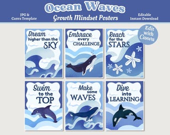 Ocean Theme Growth Mindset Posters, Printable & Editable Inspirational Prints, Encouraging Classroom Posters, Canva Template