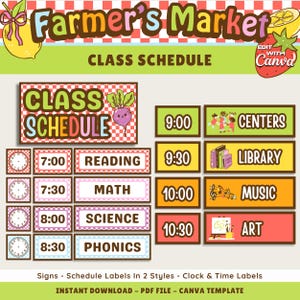 Può includere: Un programma scolastico colorato con il testo "Farmer's Market" in alto. Il programma include orari, materie come Lettura, Matematica e Scienze, ed etichette di attività come Centri, Biblioteca, Musica e Arte. Il design incorpora illustrazioni di frutta e verdura.