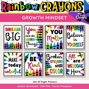 Rainbow Crayon Growth Mindset Posters, Printable & Editable Rainbow Classroom Posters, Colorful Inspirational Kids Prints, Instant Download
