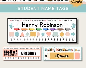 Student Name Desk Tags, Printable & Editable Kids Elementary Classroom Student Desk Plates, Calm Classroom Decor, Teacher Canva Template