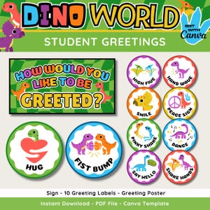 Dinosaur Classroom Greetings Poster: Editable Dino Decor (Canva Template)