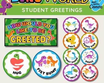 Dinosaur Classroom Greetings Poster: Editable Dino Decor (Canva Template)