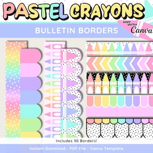 Puede incluir: Una colección de bordes de tablón de anuncios en colores pastel con varios diseños, incluyendo lunares, crayones y patrones geométricos. La imagen presenta el texto "PASTEL CRAYONS" y "BULLETIN BORDERS". Incluye 30 bordes.