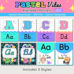 Editable Pastel Alphabet Posters, Printable A-Z Cursive Posters, Bright Pastel Alphabet Prints, Canva Template, Instant Download