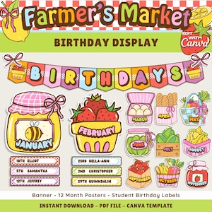 Peut inclure: Une décoration d'anniversaire colorée sur le thème du "Marché Fermier". La conception comprend une bannière "Anniversaires", ainsi que des illustrations de fruits, légumes et bocaux représentant différents mois. Des étiquettes d'anniversaire d'élèves sont également incluses.