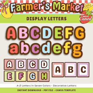 Könnte beinhalten: Bunte Buchstaben zum Ausstellen auf einem Bauernmarkt, mit Groß- und Kleinbuchstaben in verschiedenen Farben. Die Buchstaben haben einen braunen Rand und sind für die Präsentation konzipiert. Enthält den Text "Farmer's Market" und "Display Letters".