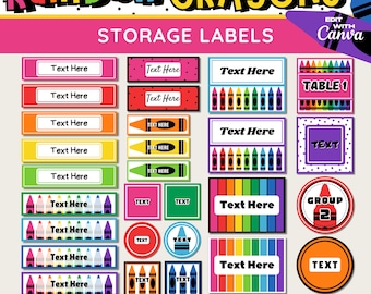 Rainbow Crayon Storage Labels, Editable Classroom Organization Tags, Canva Template (Printable PDF)
