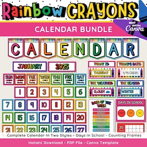Rainbow Crayons Calendar Bundle, Printable & Editable Classroom Calendar, Canva Templates, Teacher Resources, Rainbow Classroom Theme